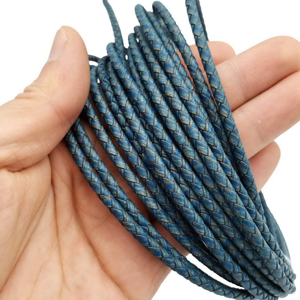 shapesbyX-Distressed Blue 4.0mm Round Braided Leather Bolo Cords for Jewelry Making Bolo Ties