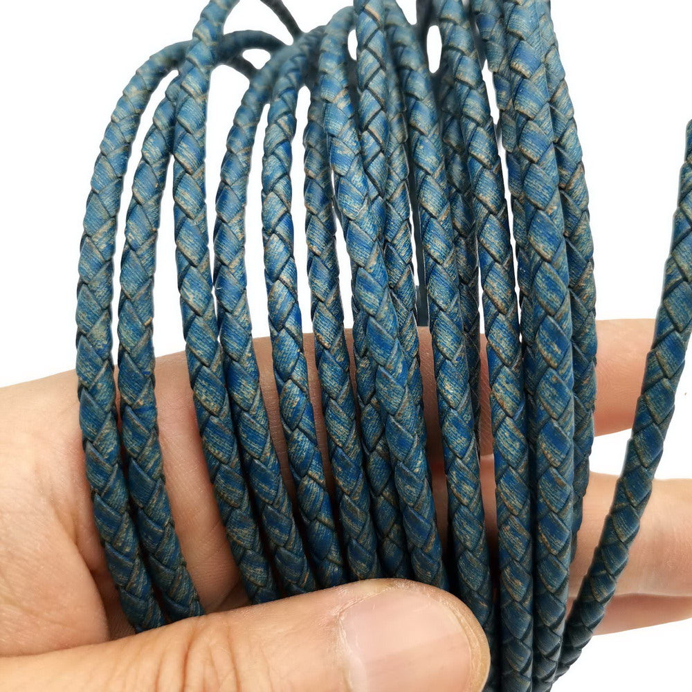 shapesbyX-Distressed Blue 4.0mm Round Braided Leather Bolo Cords for Jewelry Making Bolo Ties