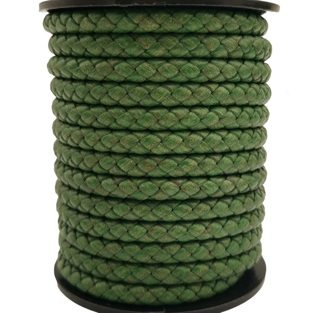shapesbyX-5mm Round Braided Leather Cord Bracelet Making Woven Folded Leather Strap Distressed Green