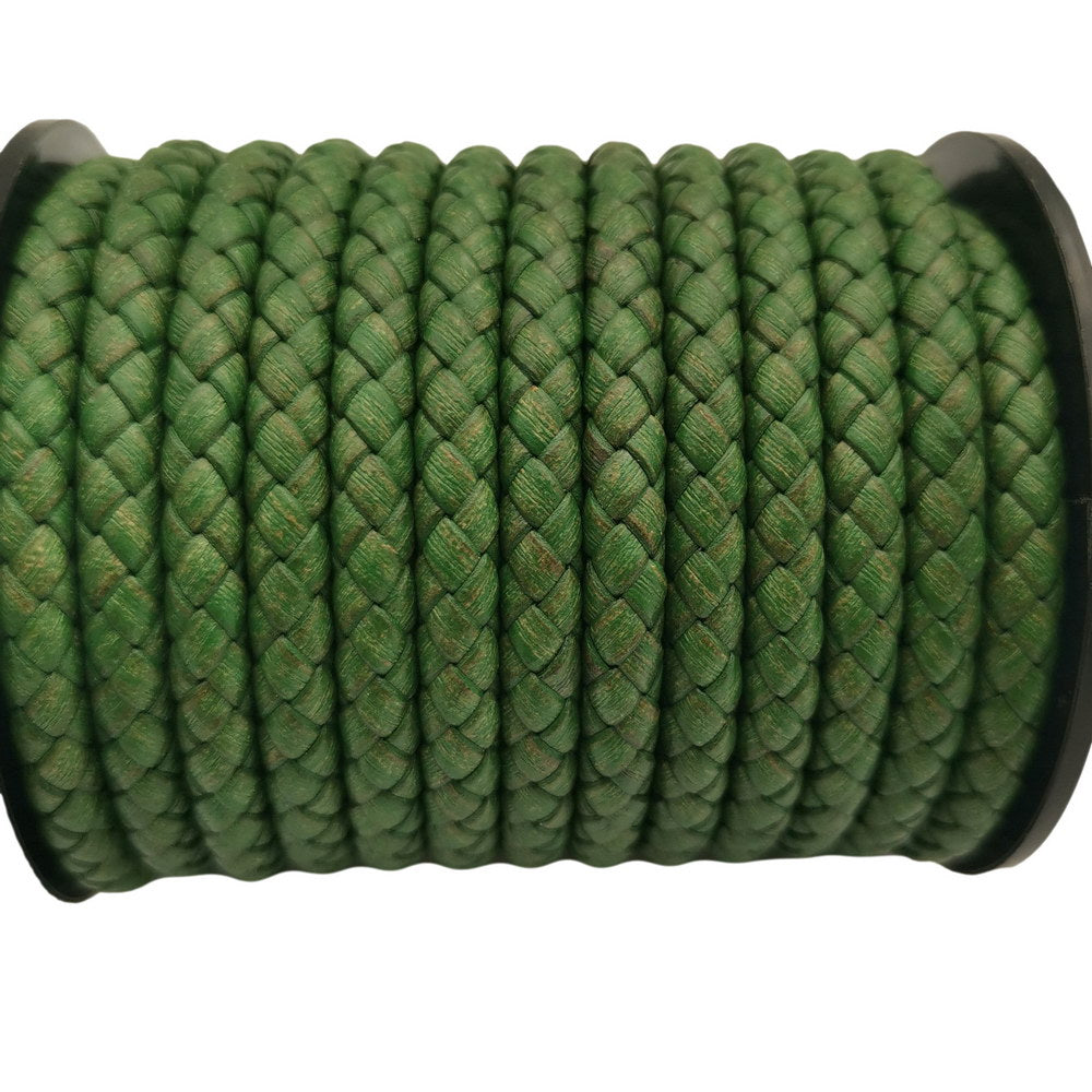 shapesbyX-5mm Round Braided Leather Cord Bracelet Making Woven Folded Leather Strap Distressed Green