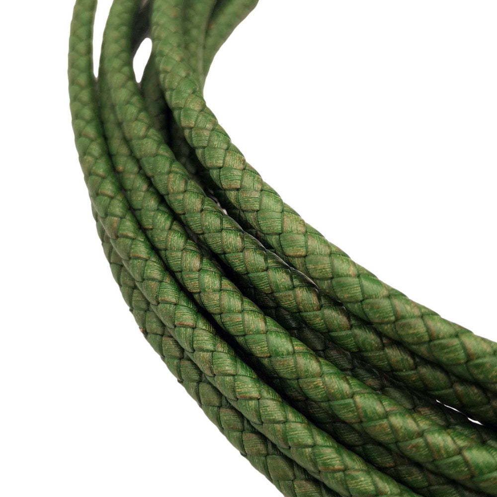 shapesbyX-5mm Round Braided Leather Cord Bracelet Making Woven Folded Leather Strap Distressed Green
