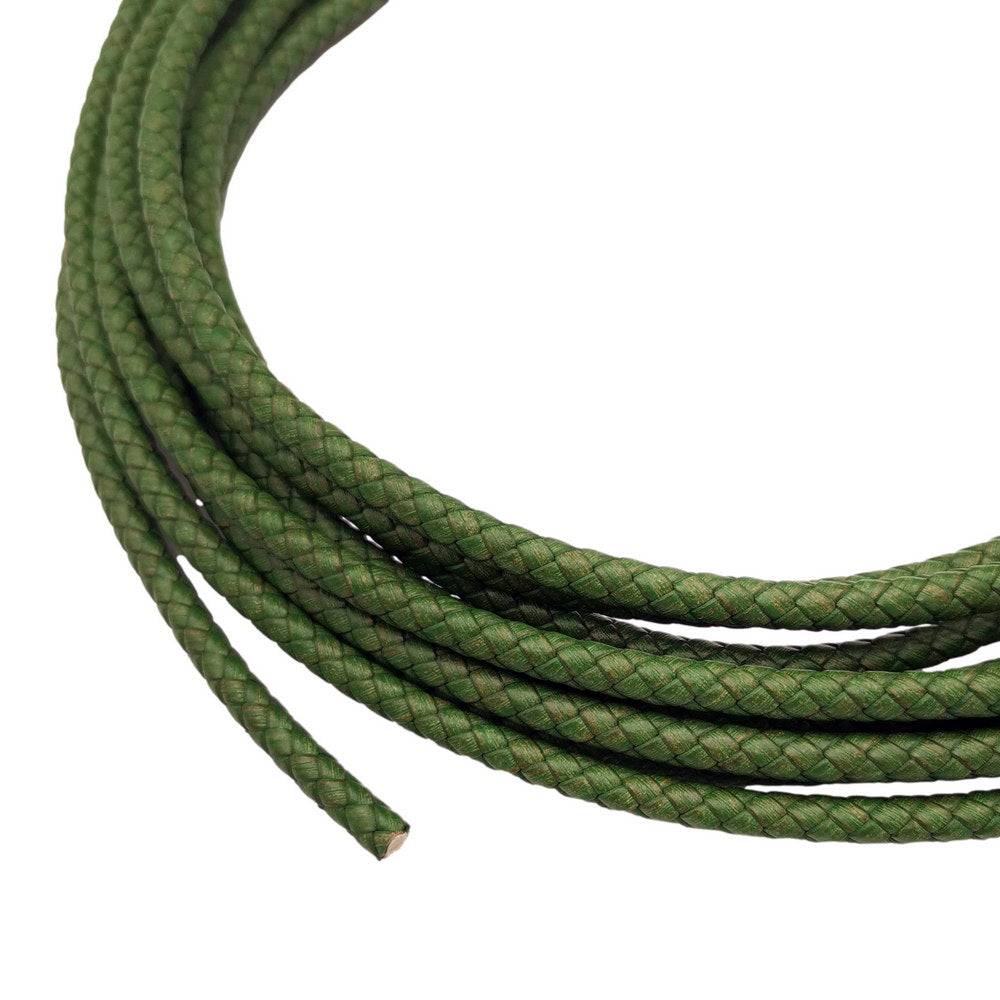 shapesbyX-5mm Round Braided Leather Cord Bracelet Making Woven Folded Leather Strap Distressed Green