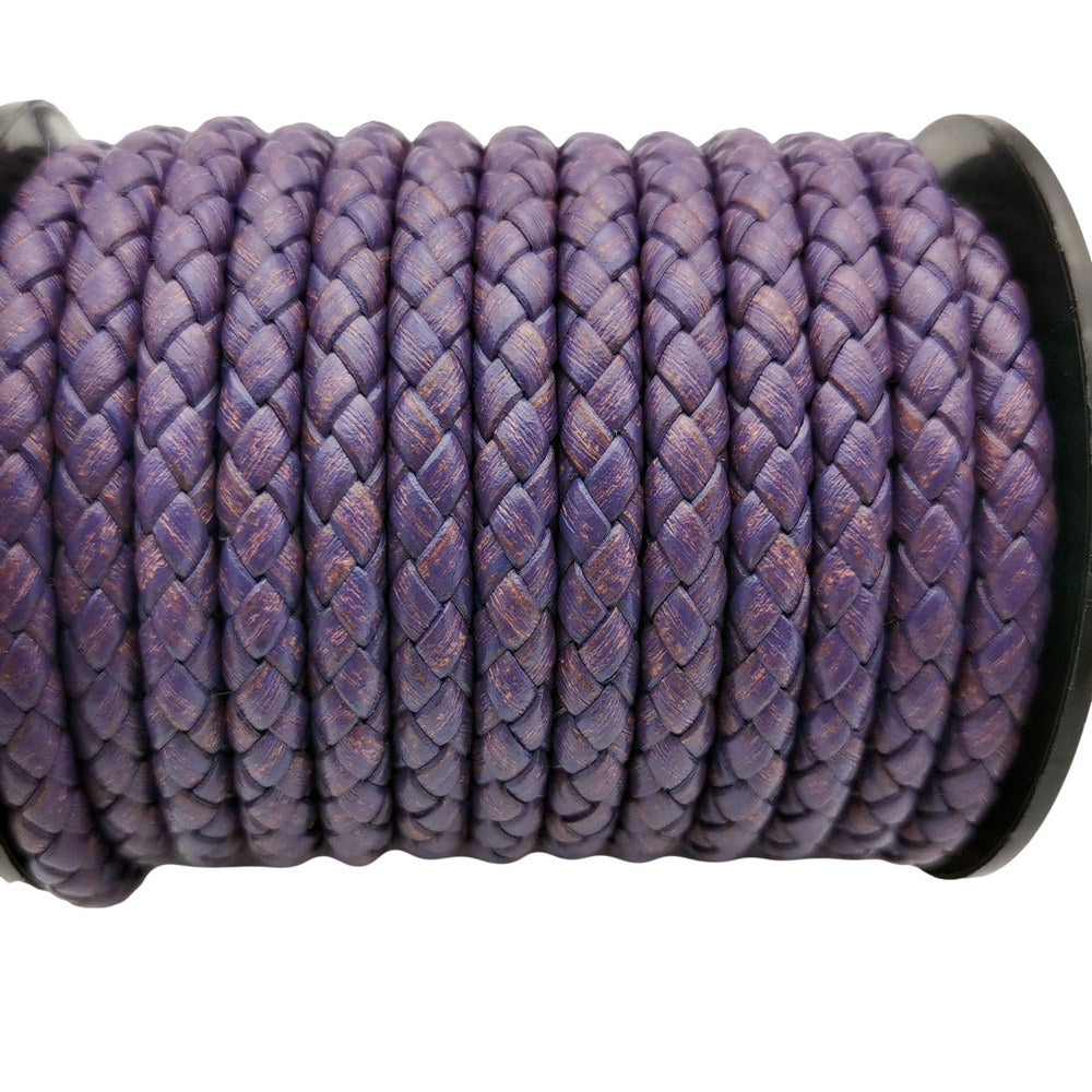 shapesbyX-5mm Round Braided Leather Cord Bracelet Making Woven Folded Leather Strap Distressed Purple