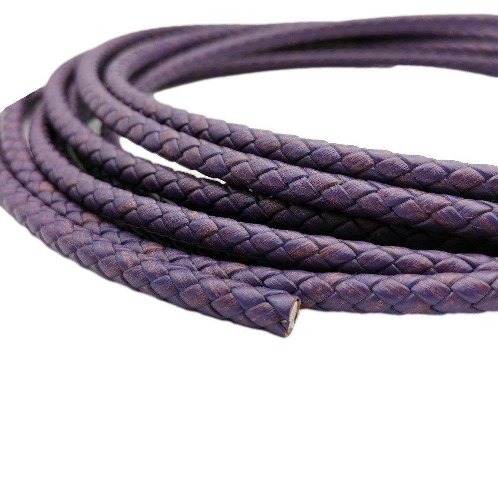 shapesbyX-5mm Round Braided Leather Cord Bracelet Making Woven Folded Leather Strap Distressed Purple