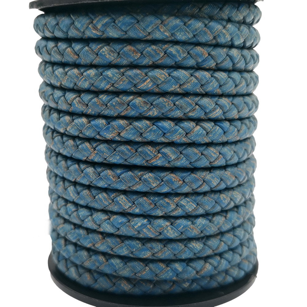 shapesbyX-5mm Round Braided Leather Cord Bracelet Making Woven Folded Leather Strap Distressed Blue