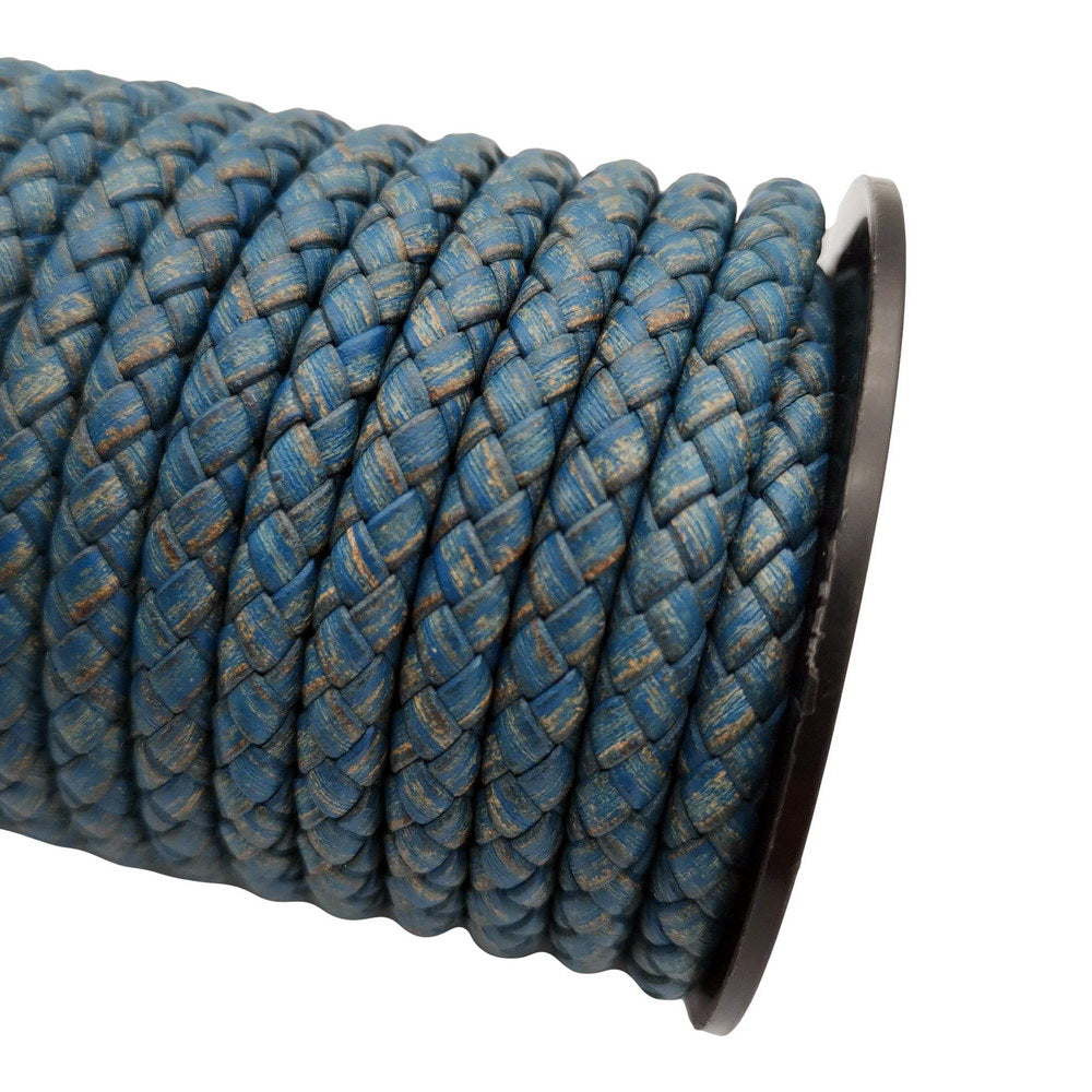 shapesbyX-5mm Round Braided Leather Cord Bracelet Making Woven Folded Leather Strap Distressed Blue