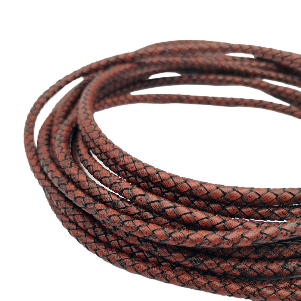 shapesbyX-5mm Round Braided Leather Cord Bracelet Making Woven Folded Leather Strap Antique Brown