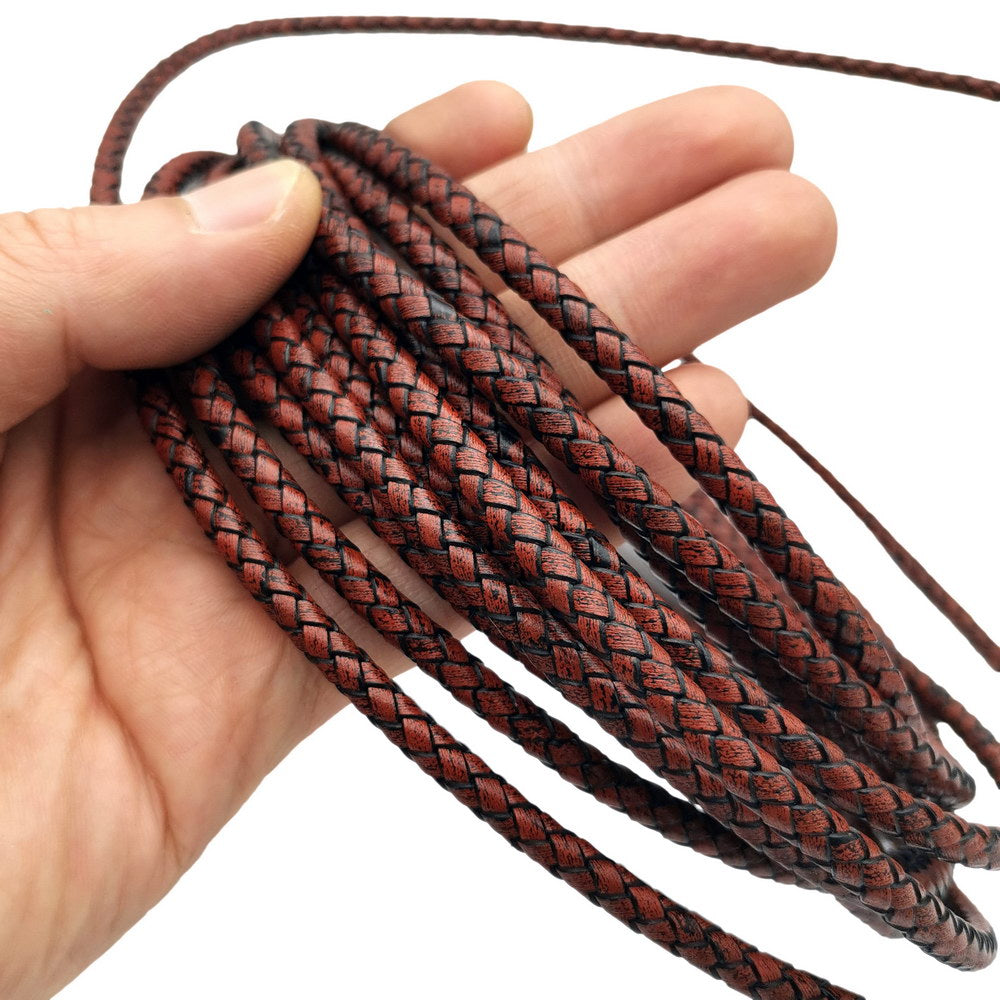 shapesbyX-5mm Round Braided Leather Cord Bracelet Making Woven Folded Leather Strap Antique Brown