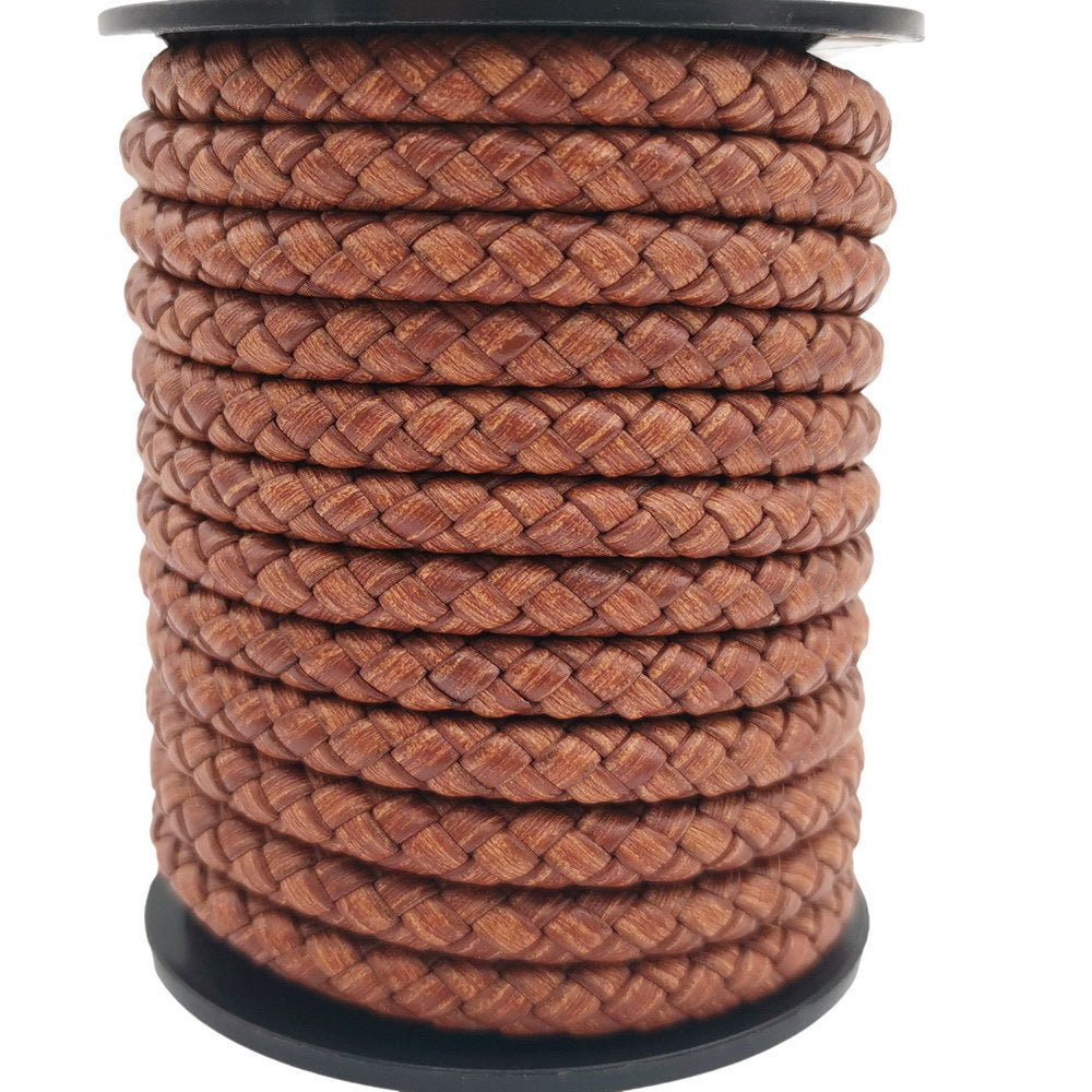 shapesbyX-5mm Round Braided Leather Cord Bracelet Making Woven Folded Leather Strap Distressed Tan