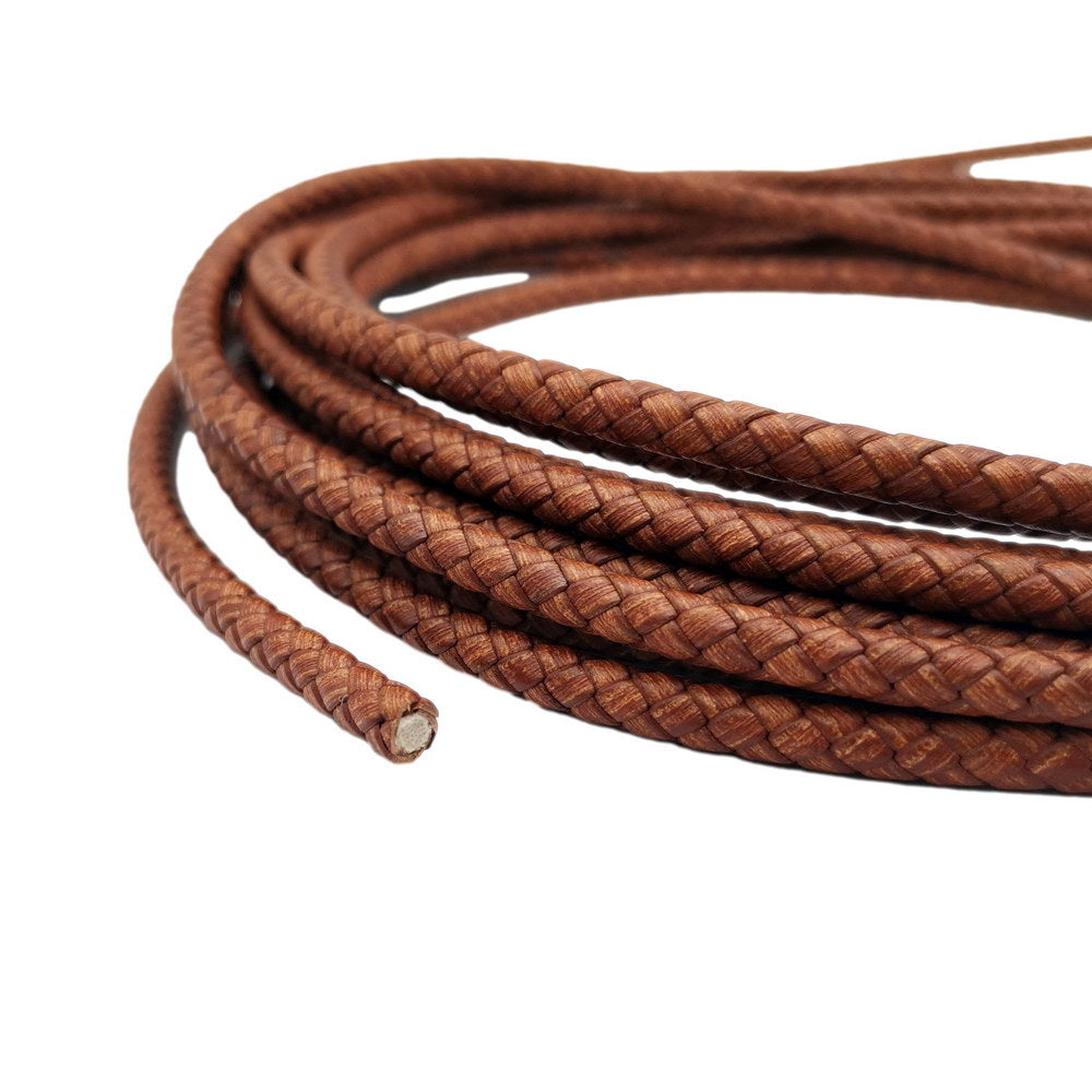 shapesbyX-5mm Round Braided Leather Cord Bracelet Making Woven Folded Leather Strap Distressed Tan