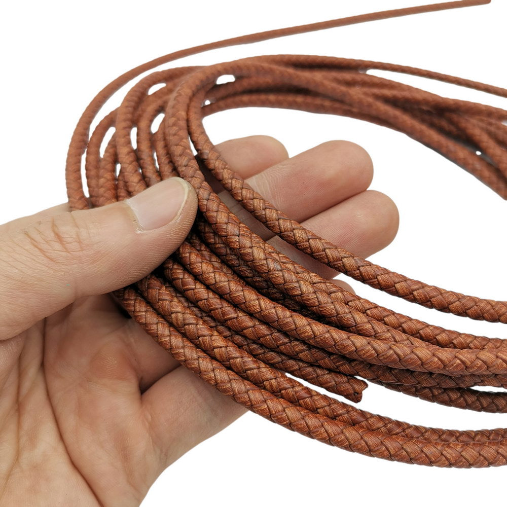 shapesbyX-5mm Round Braided Leather Cord Bracelet Making Woven Folded Leather Strap Distressed Tan