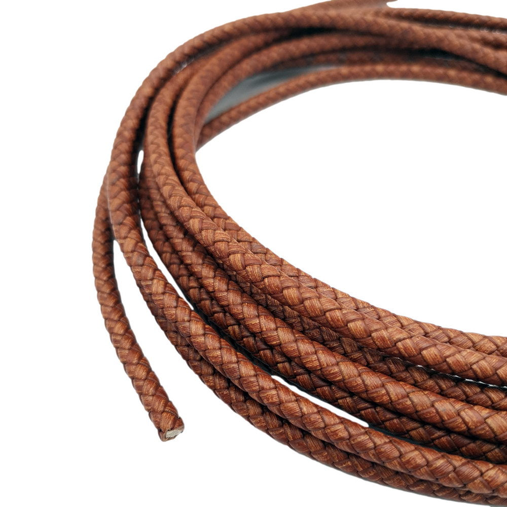 shapesbyX-5mm Round Braided Leather Cord Bracelet Making Woven Folded Leather Strap Distressed Tan