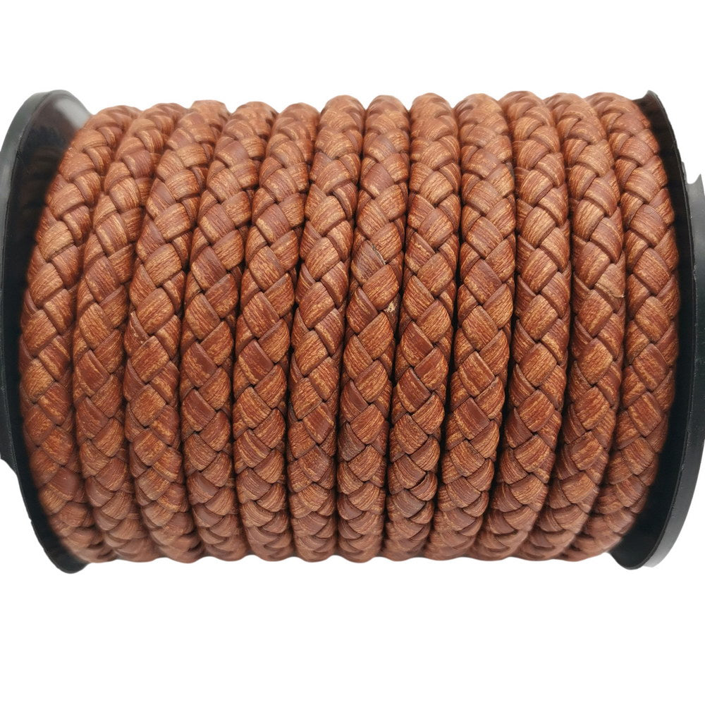 shapesbyX-5mm Round Braided Leather Cord Bracelet Making Woven Folded Leather Strap Distressed Tan