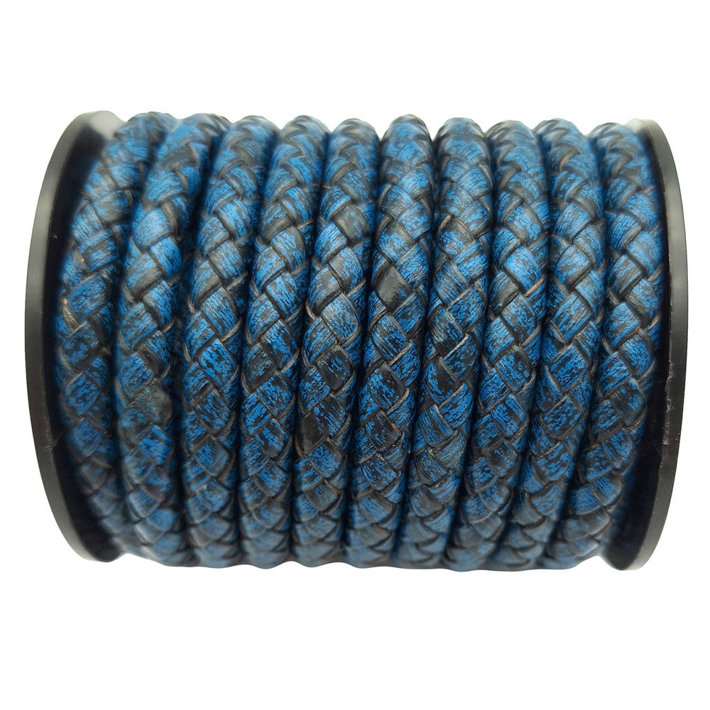 Distressed Royal Blue Braided Leather Cord Leather Bolo Strap 6mm Round for Bracelet Making
