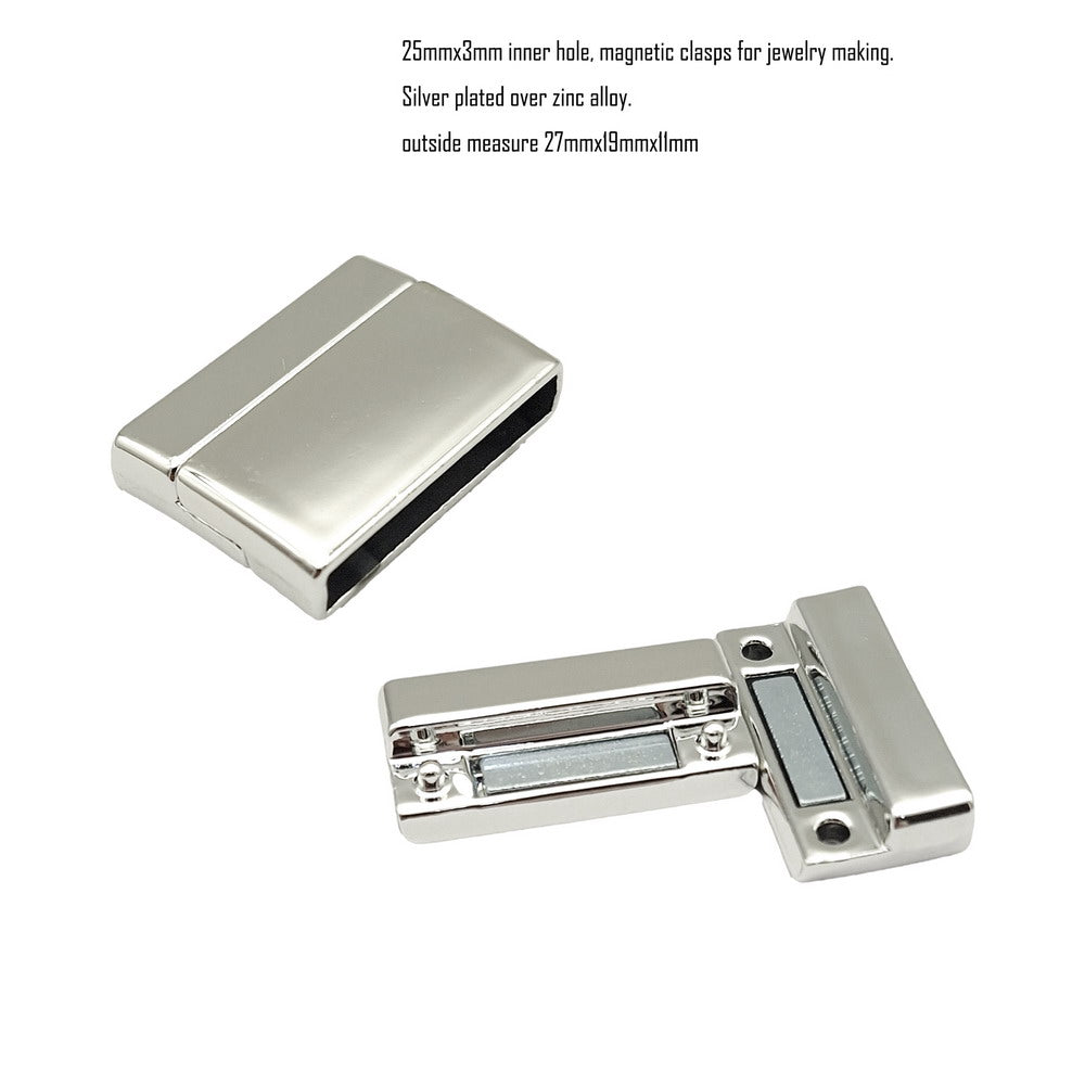 Fermoirs magnétiques et fermeture à trou intérieur de 25mm x 3mm, pour la fabrication de bracelets, extrémité de cordon en cuir plat, argent/or