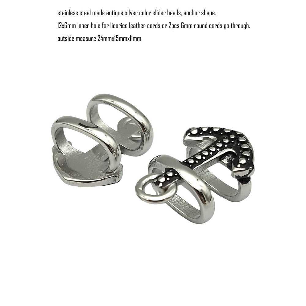 2 Stück Anker-Schiebeperlen aus Edelstahl für die Herstellung von Lakritz-Lederarmbändern, 12 mm x 6 mm Innenloch, Antiksilber