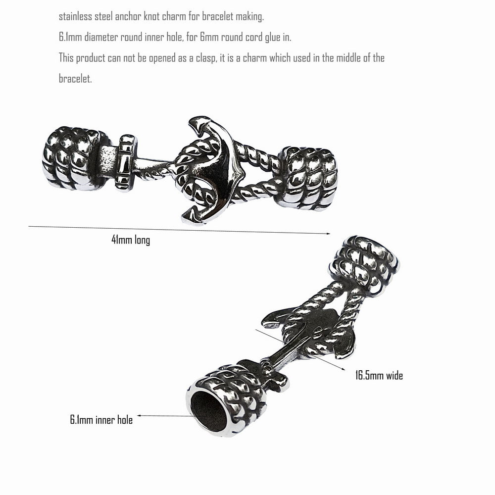 Stainless Steel Anchor Knot Charm for Bracelet Making 6mm Inner Hole Antique Silver for 6.0mm Cord Glue