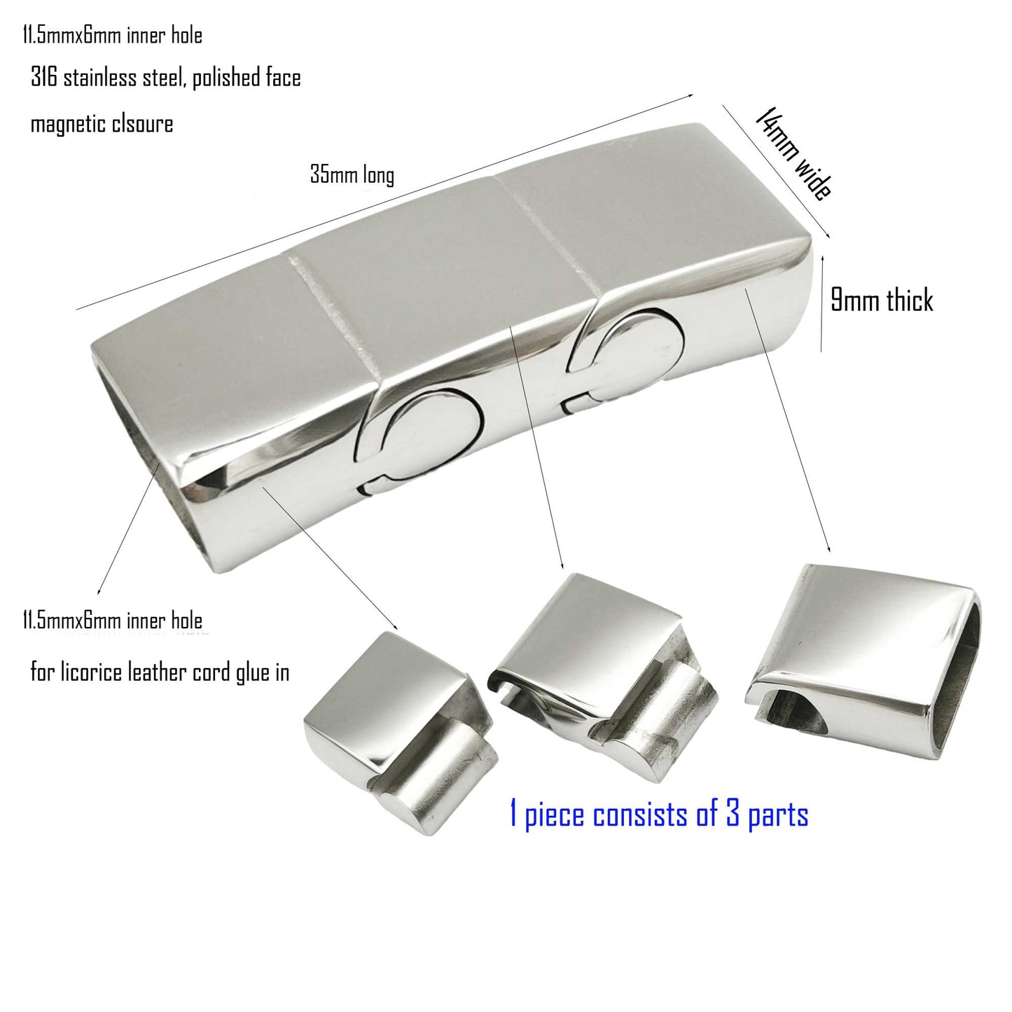 1 Stück Magnetverschlüsse aus Edelstahl 316, 11 mm x 6 mm Innenloch für den Kleber von Lakritzlederbändern bei der Armbandherstellung