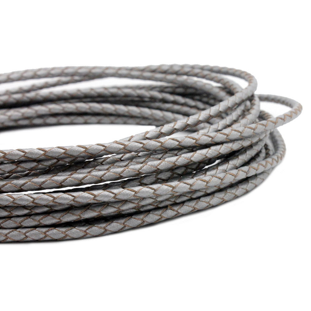 ShapesbyX-cordon en cuir tressé 3mm rond argent bracelet en cuir bolo cravate bracelet fabrication de collier