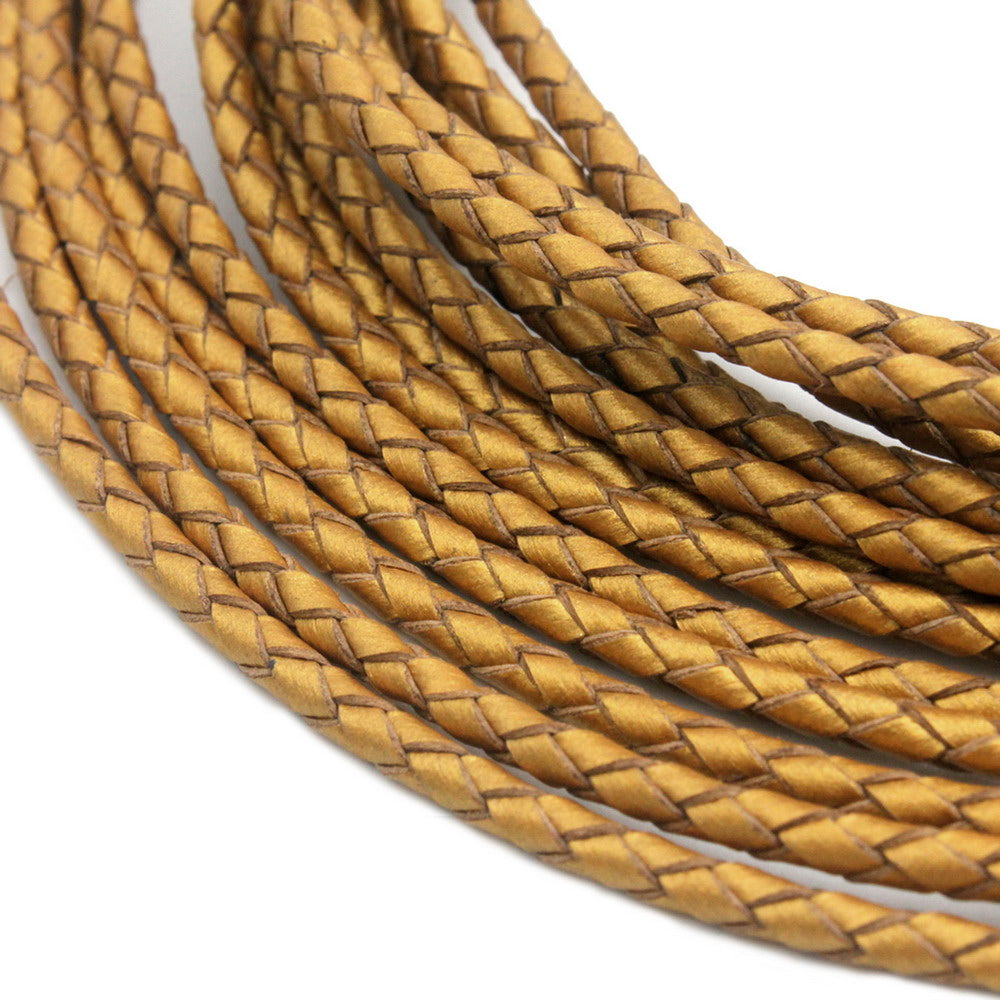 Pale Gold Leather Cord 3mm Round Woven Braided Folded Leather Bolo Tie