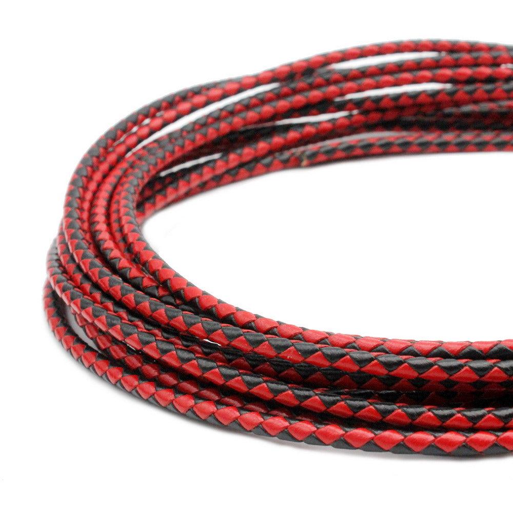 Black Red Leather Cord 3mm Round Woven Braided Folded Leather Bolo Tie