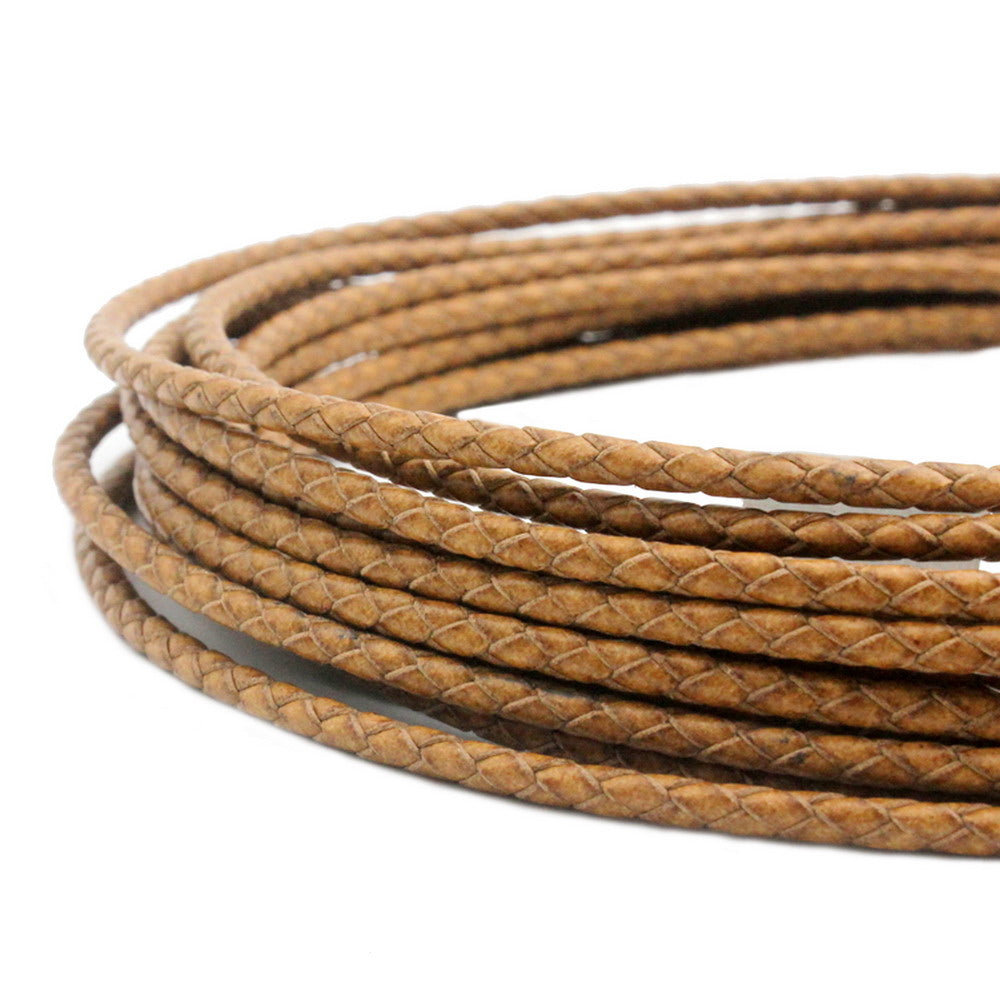 Braided Leather Bolo Cord 3mm Round Distressed Tan Woven Folded Leather Strap Jewelry Making 的副本