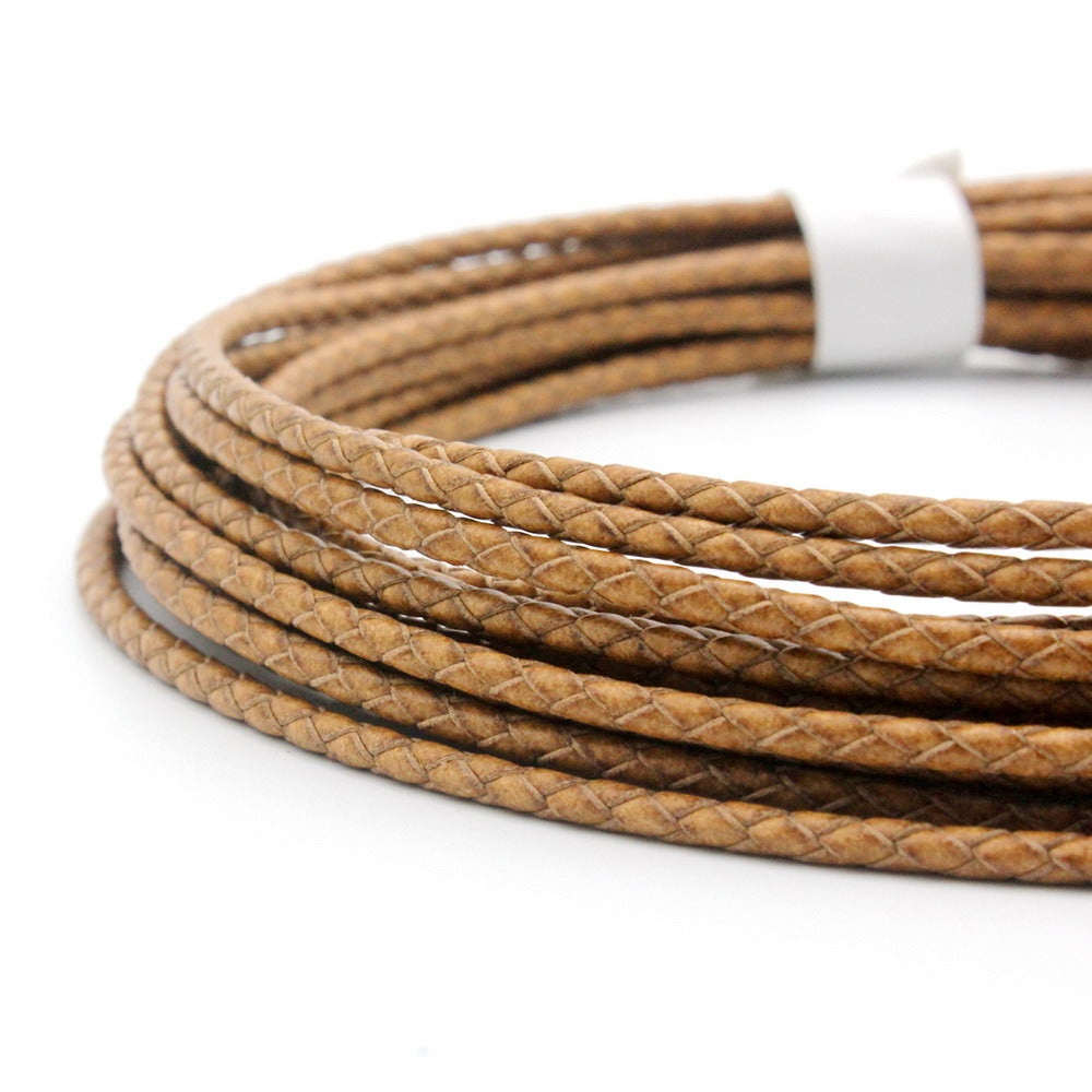 ShapesbyX-Braided Leather Bolo Cord 3mm Round Distressed Tan Woven Folded Leather Strap Jewelry Making