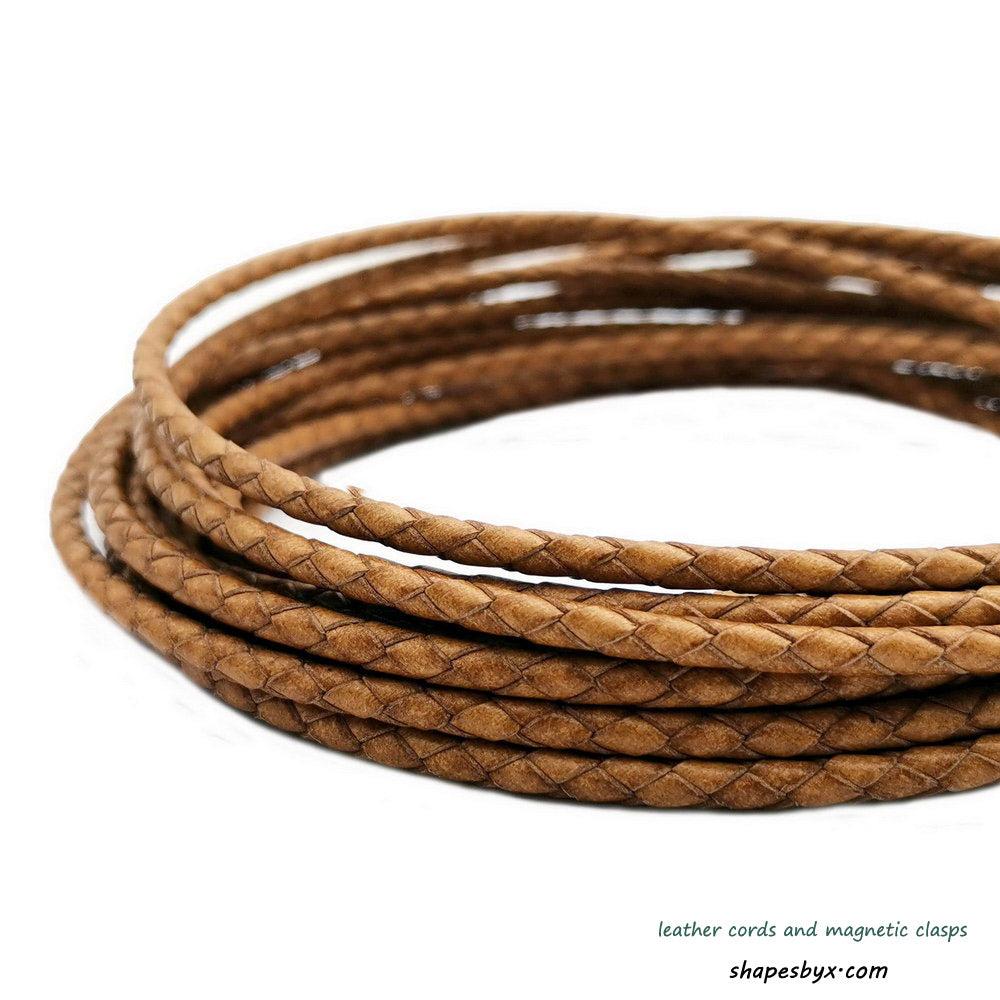shapesbyX-4mm Braided Leather Cords Distressed Tan Round Leather Strap Bracelet Necklace Making Bolo Tie