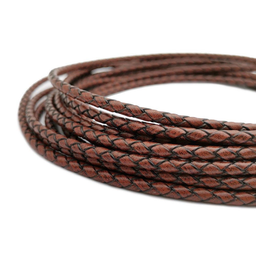 shapesbyX-4mm Braided Leather Cords Antique Brown Round Leather Strap Bracelet Necklace Making Bolo Tie