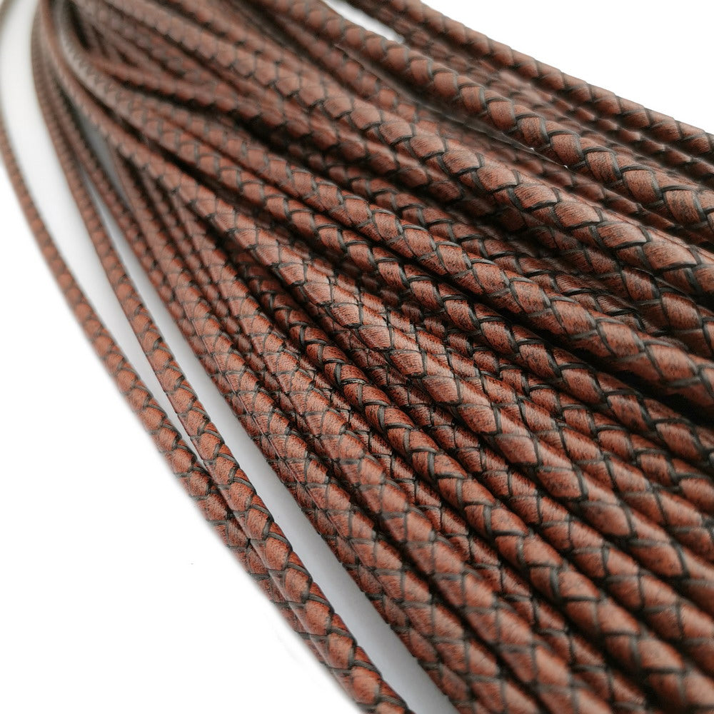 shapesbyX-4mm Braided Leather Cords Antique Brown Round Leather Strap Bracelet Necklace Making Bolo Tie