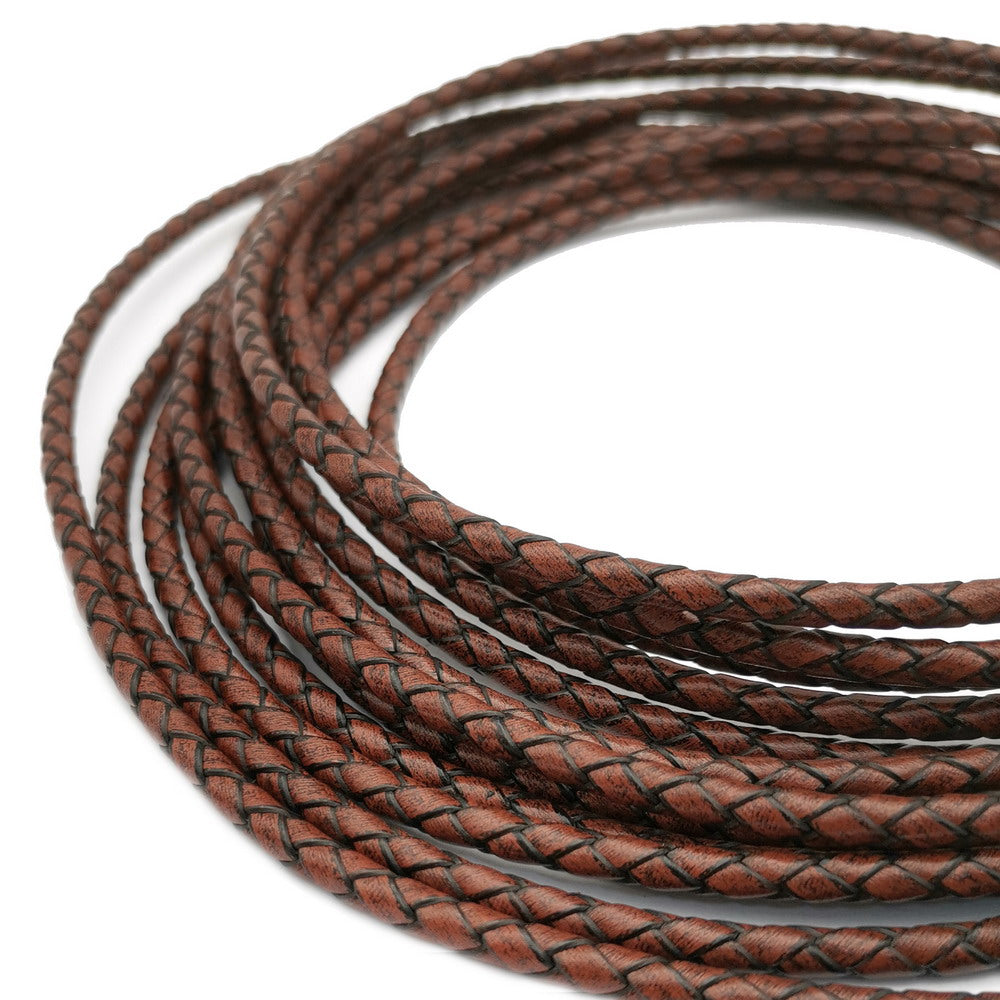 shapesbyX-4mm Braided Leather Cords Antique Brown Round Leather Strap Bracelet Necklace Making Bolo Tie