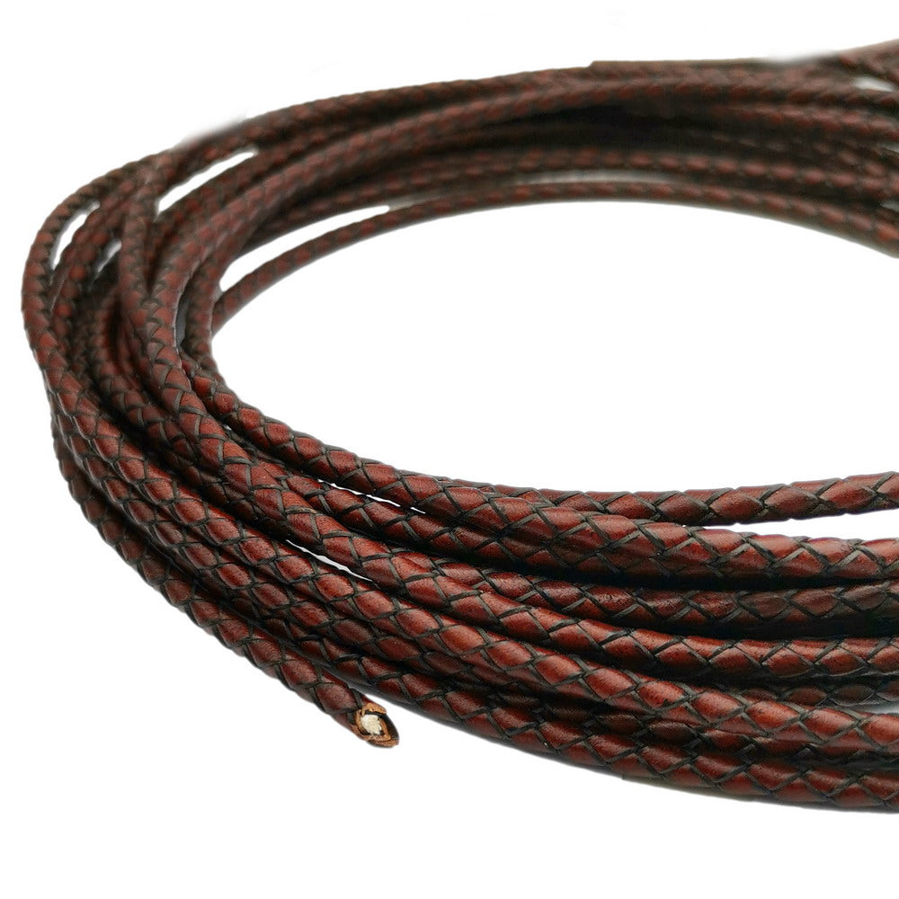 shapesbyX-4mm Braided Leather Cords Antique Red Brown Round Leather Strap Bracelet Necklace Making Bolo Tie