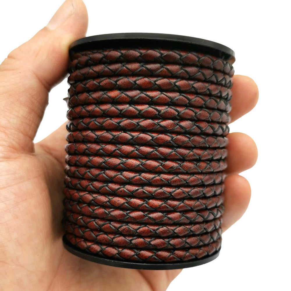 shapesbyX-4mm Braided Leather Cords Antique Red Brown Round Leather Strap Bracelet Necklace Making Bolo Tie