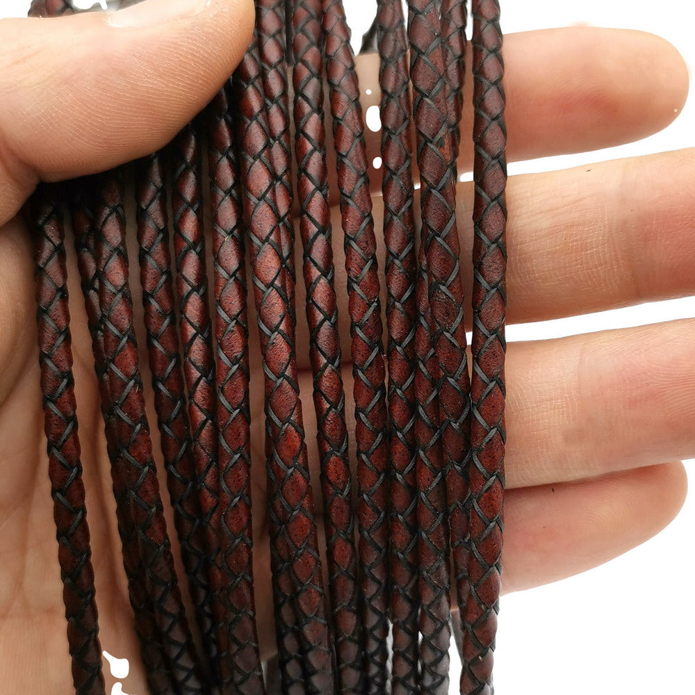 shapesbyX-4mm Braided Leather Cords Antique Red Brown Round Leather Strap Bracelet Necklace Making Bolo Tie