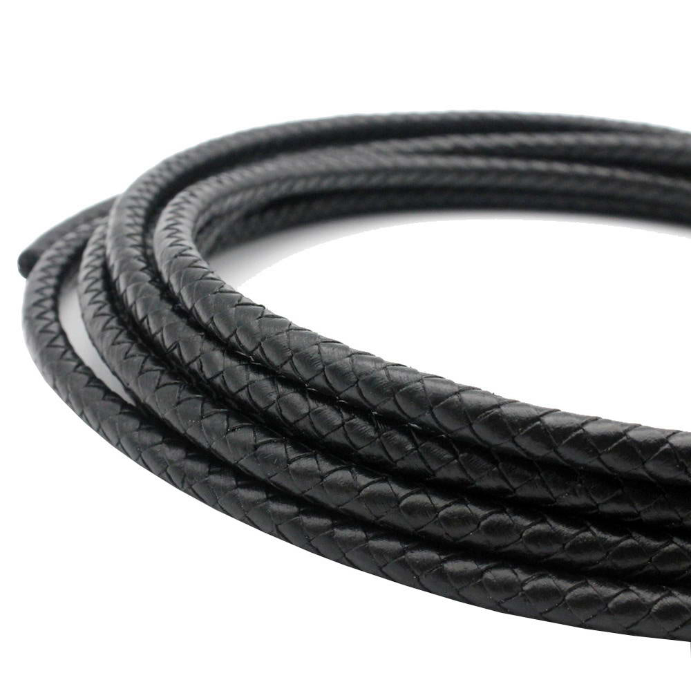 shapesbyX-5mm Round Braided Leather Cord Black Bracelet Making Woven Folded Leather Strap