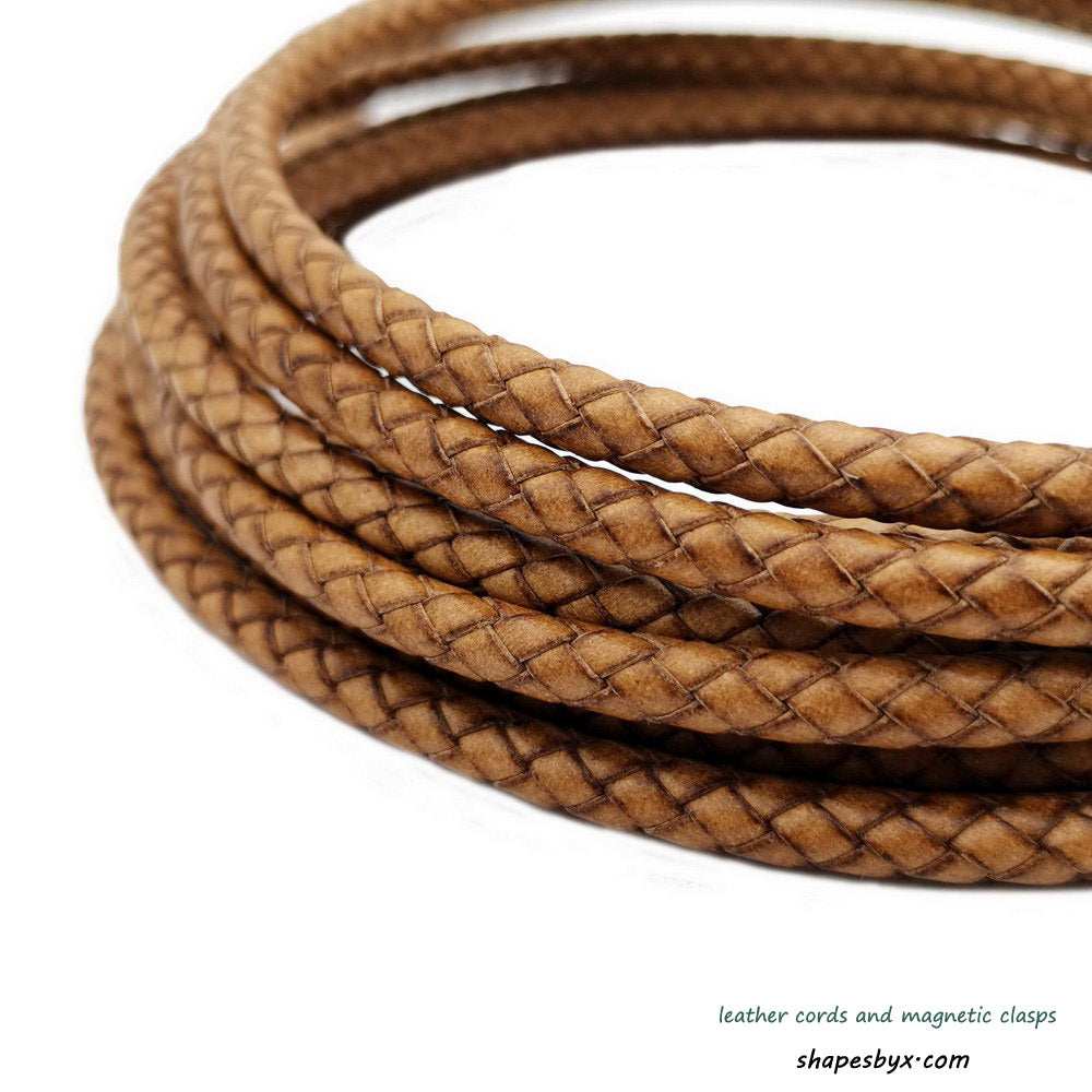 shapesbyX-5mm Braided Leather Cords Distressed Natural Round Leather Bolo Strap Bracelet Making or Decor