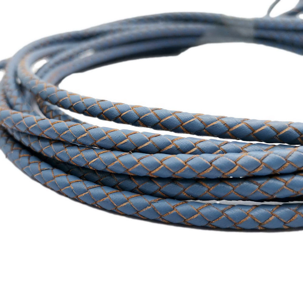 Jean Blue Braided Leather Cord Folded Leather Bolo Strap 6mm Round for Bracelet Making
