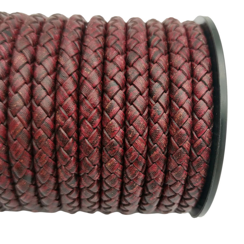 ShapesbyX-Braided Leather Cords 6mm Round Distressed Red Woven Folded Leather Strap Bracelet Making or Decor