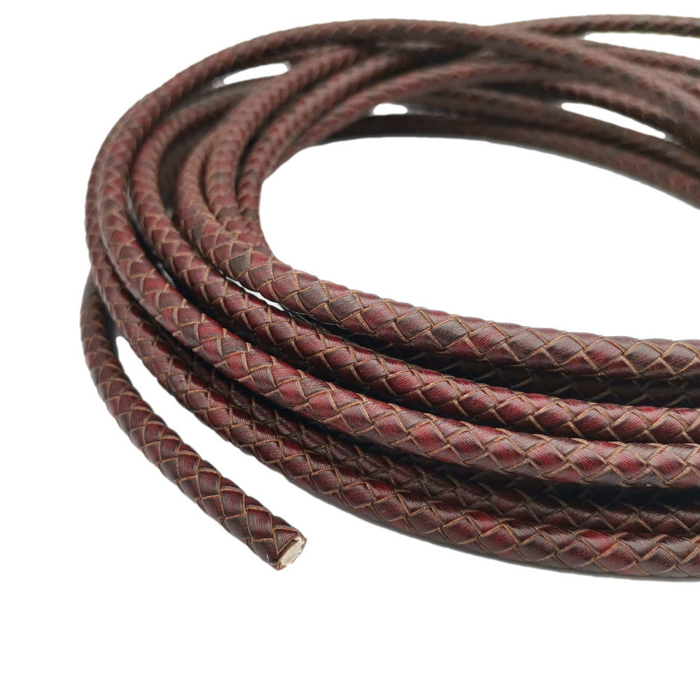 ShapesbyX-6 mm rundes, gefaltetes Lederband für die Herstellung von geflochtenen Armbändern. Bolo-Schnur aus rotbraunem Leder im Used-Look