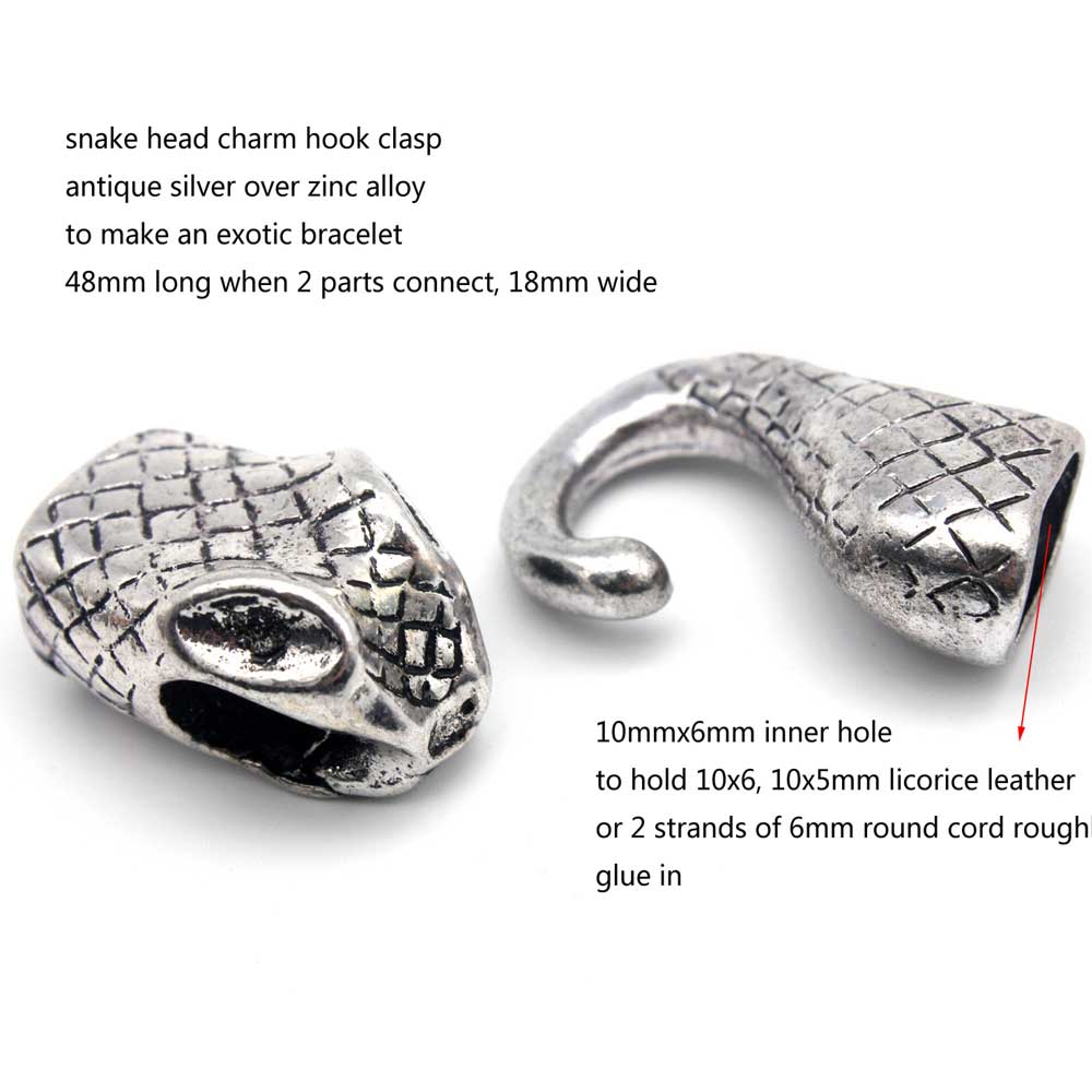 Schlangenkopf-Hakenverschluss, antikgoldener Metallverschluss für 10 x 6 mm Lakritzleder-Klebe-Charm-Armbandende