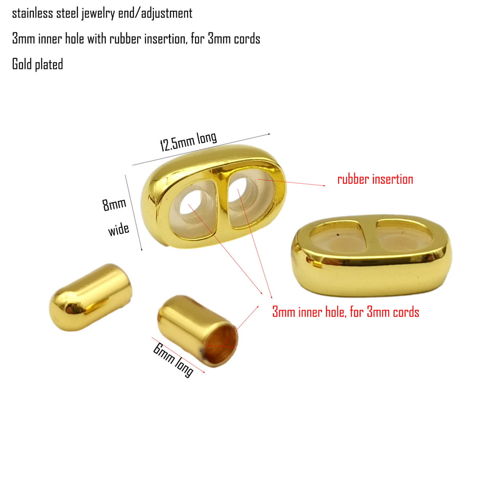 Stainless Steel Gold Jewelry End Adjustment 3mm Hole for 3mm Round Cord Bracelet Necklace Clasps