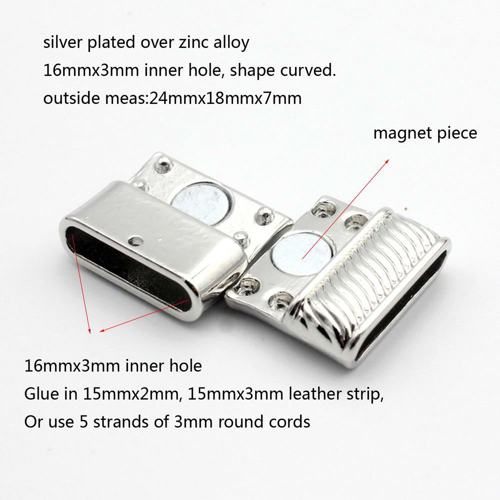 shapesbyX-3 Pieces 16mmx3mm Inner Hole Bracelet Clasps and Closure Silver Plated Jewelry End for 15x2 15x3 mm Leather Strip Glue In
