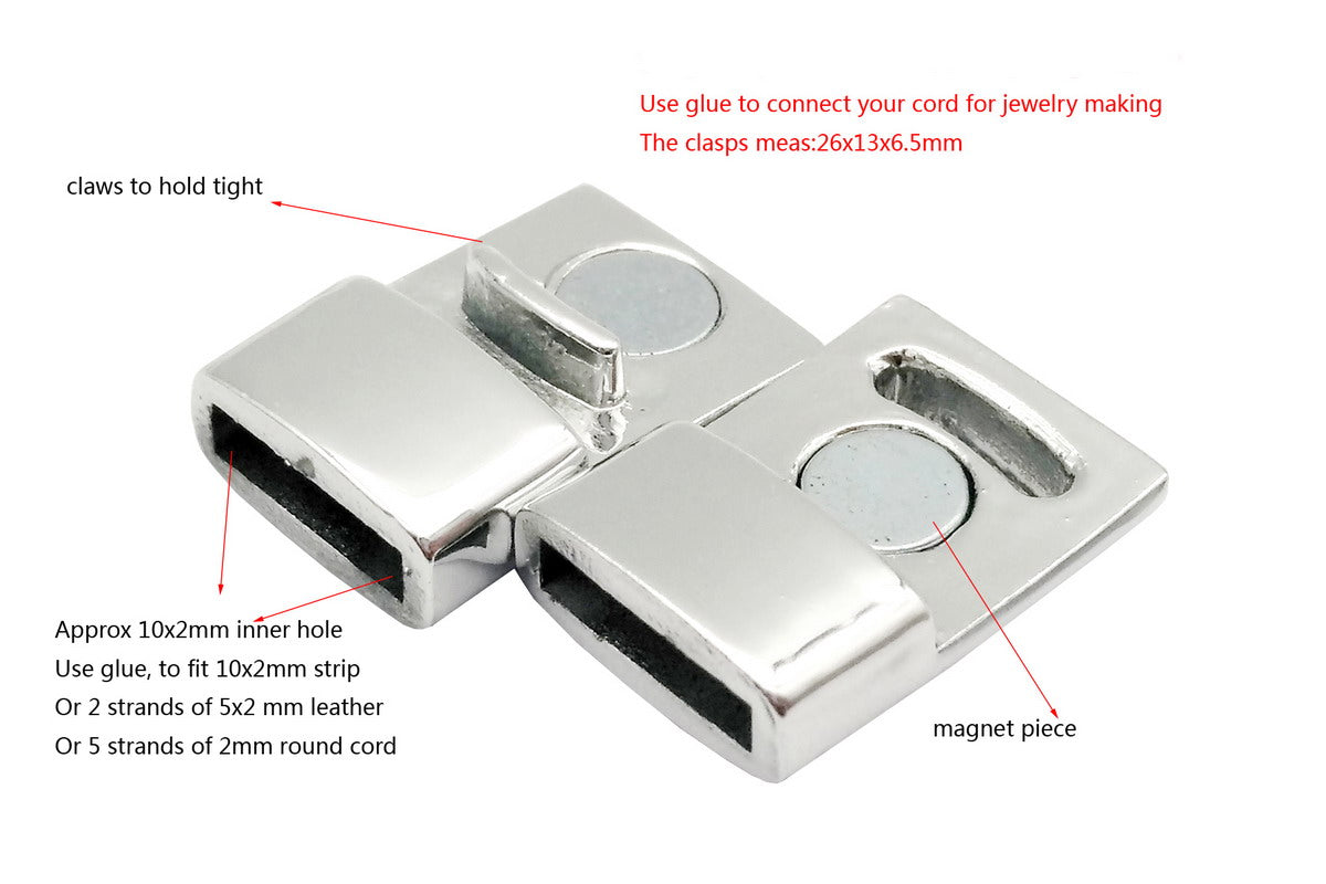 shapesbyX-3 Pieces Silver 10mm Flat Magnetic Claps and Closure for Bracelet Making 10mmx2mm Inner hole Flat Leather Glue In MT558