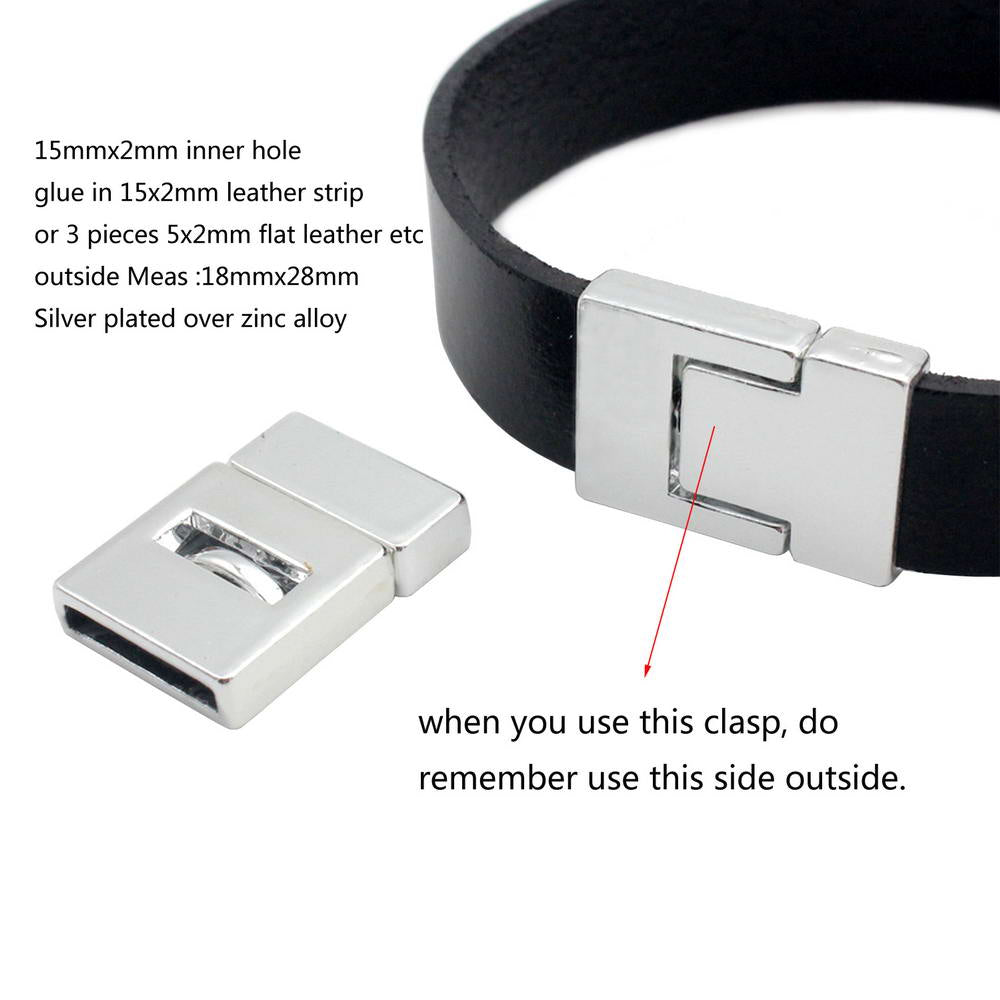 shapesbyX-15mmx2mm Flat Magnetic Closure Clasps Silver,15x2mm Hole Bracelet Making End Leather Strip Glue