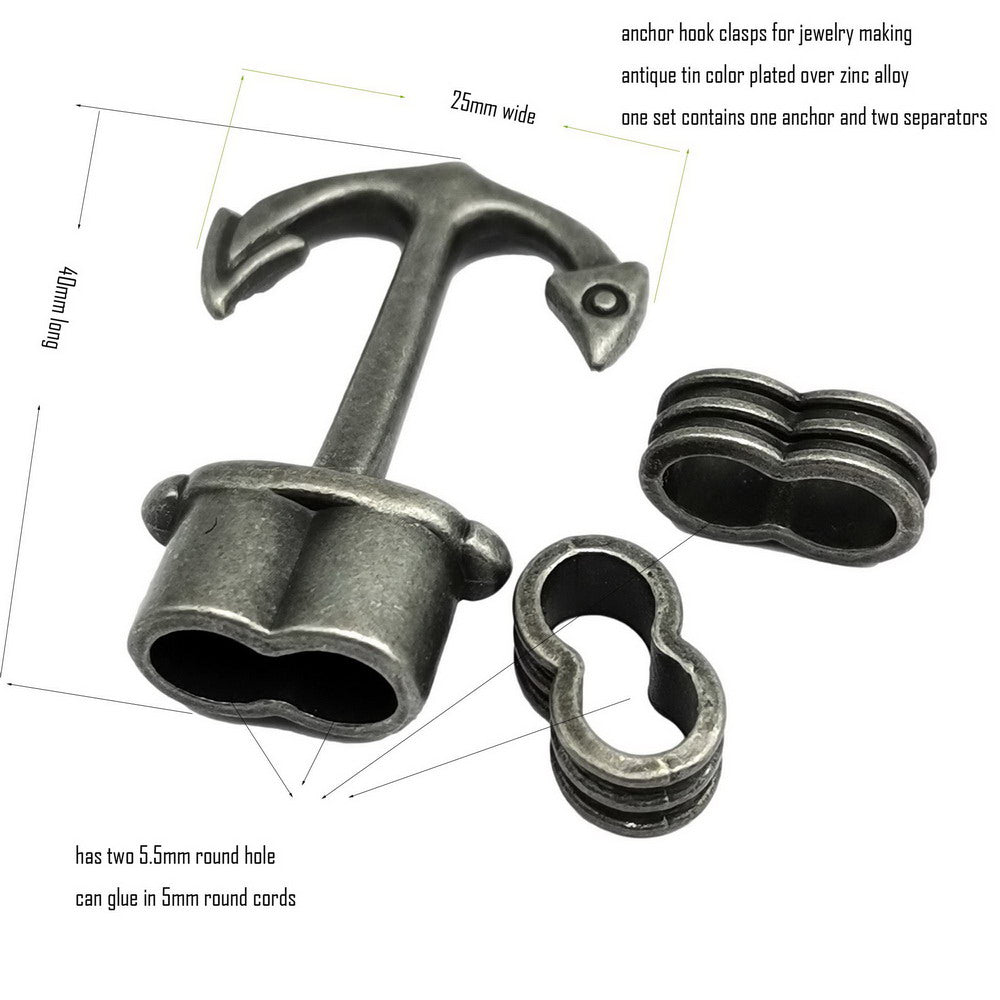 ShapesbyX-Anchor Hook Clasps for Bracelet Making for 5mm Cords Antique Tin