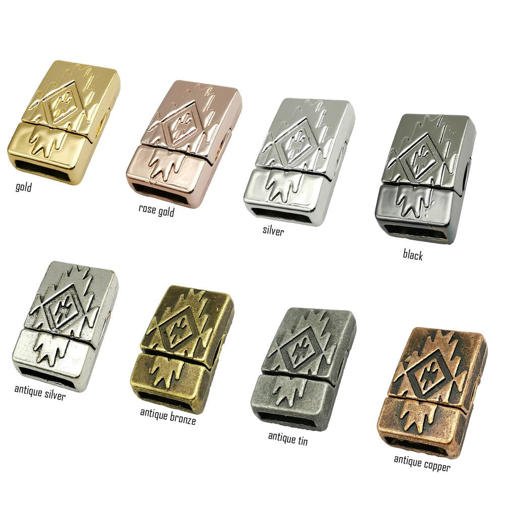 shapesbyX-10mm Flat Magnetic Closure Flat Leather Cord End Antique Silver Pattern 10x2 mm Hole MT680