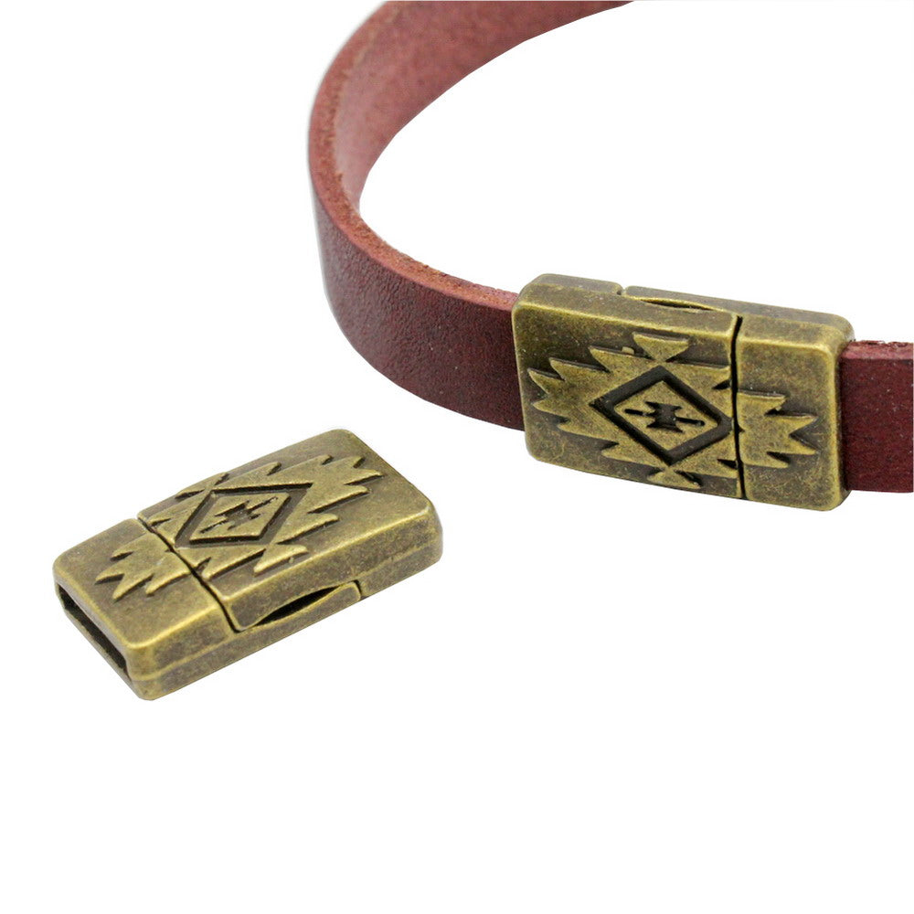 shapesbyX-10mm Flat Magnetic Closure Flat Leather Cord End Antique Silver Pattern 10x2 mm Hole MT680
