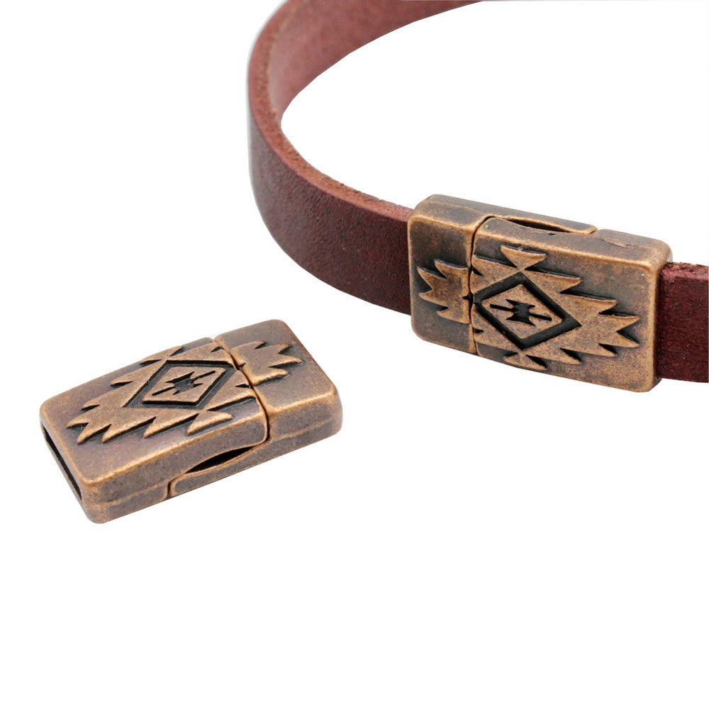 shapesbyX-10mm Flat Magnetic Closure Flat Leather Cord End Antique Silver Pattern 10x2 mm Hole MT680