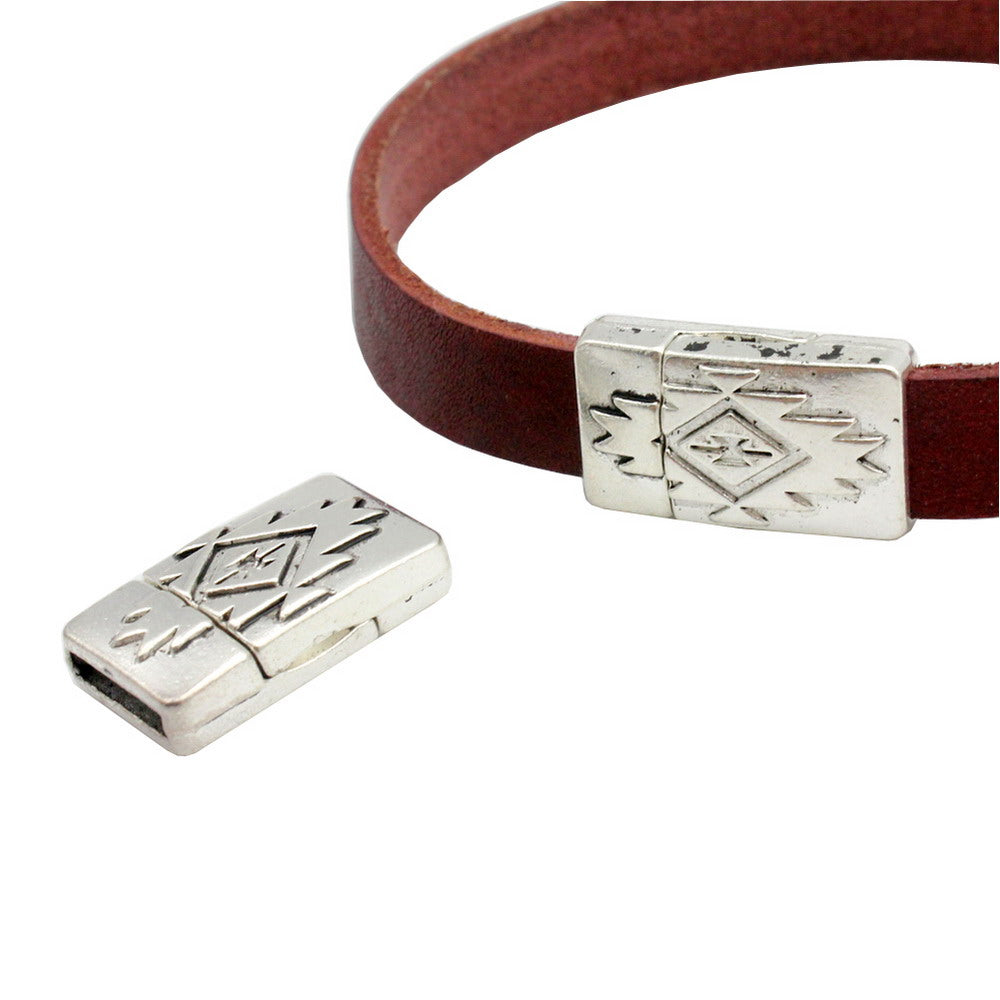 shapesbyX-10mm Flat Magnetic Closure Flat Leather Cord End Antique Silver Pattern 10x2 mm Hole MT680