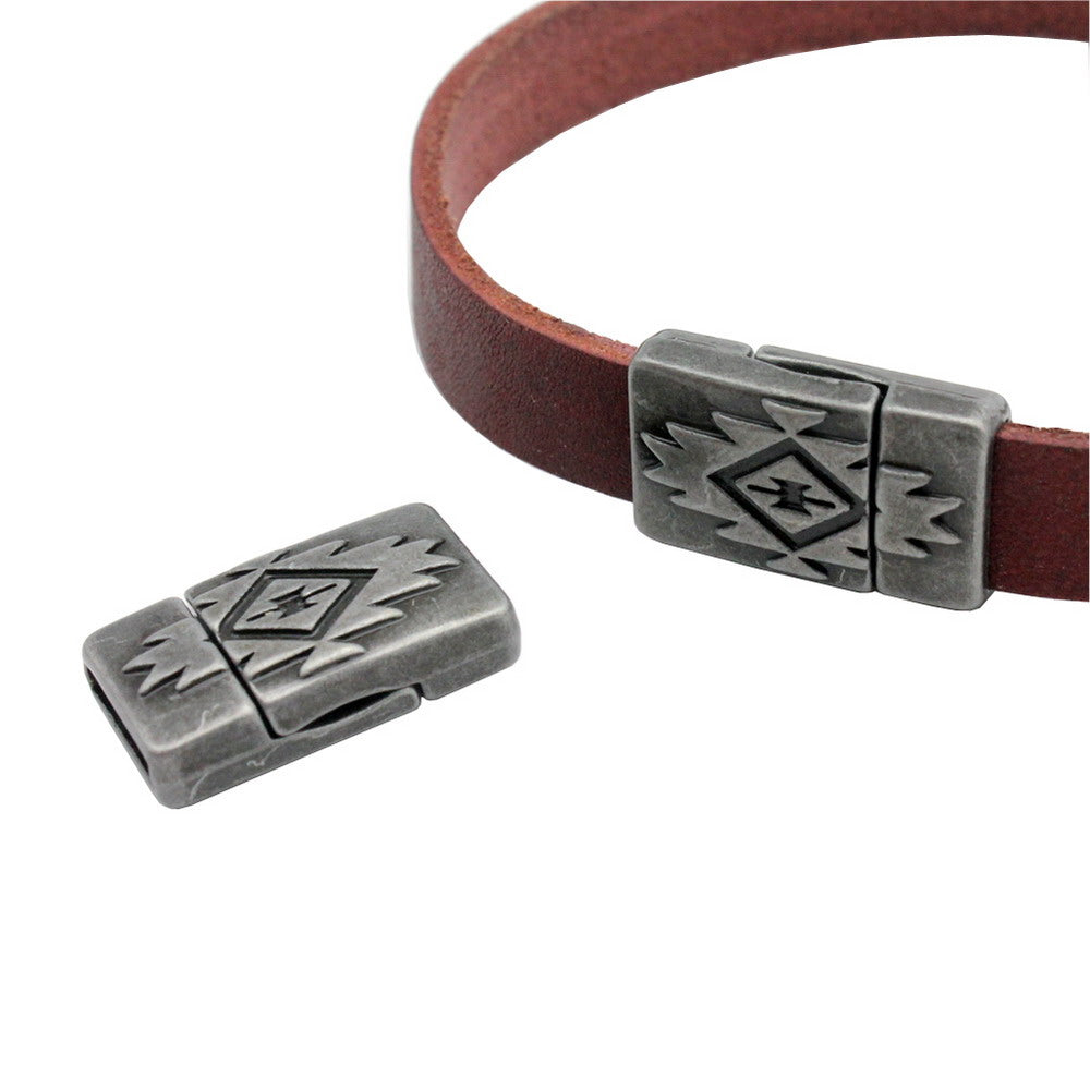 shapesbyX-10mm Flat Magnetic Closure Flat Leather Cord End Antique Silver Pattern 10x2 mm Hole MT680
